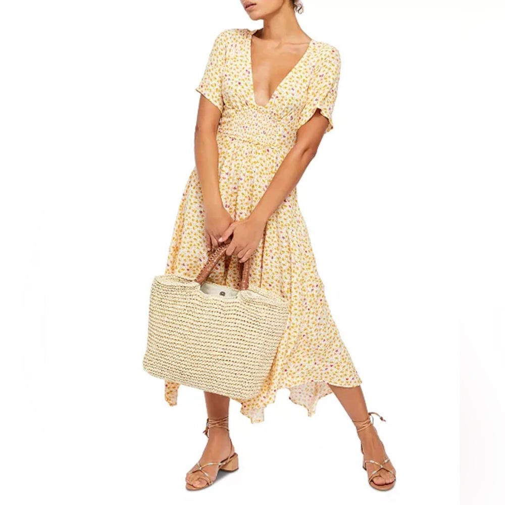 EUC Free People In Full Bloom Floral Ivory/Yellow Ruffle Midi Dress w/ Smocking